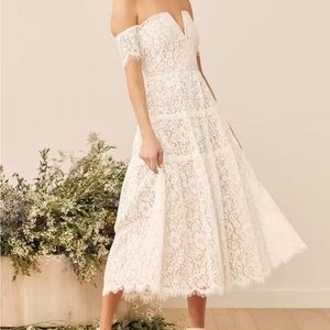 LULU’S Absolutely Stunning White Lace Off-the-Shoulder Midi Dress